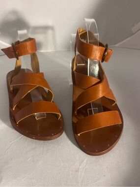 beek Tan Leather Strappy Ankle Buckle Sandals